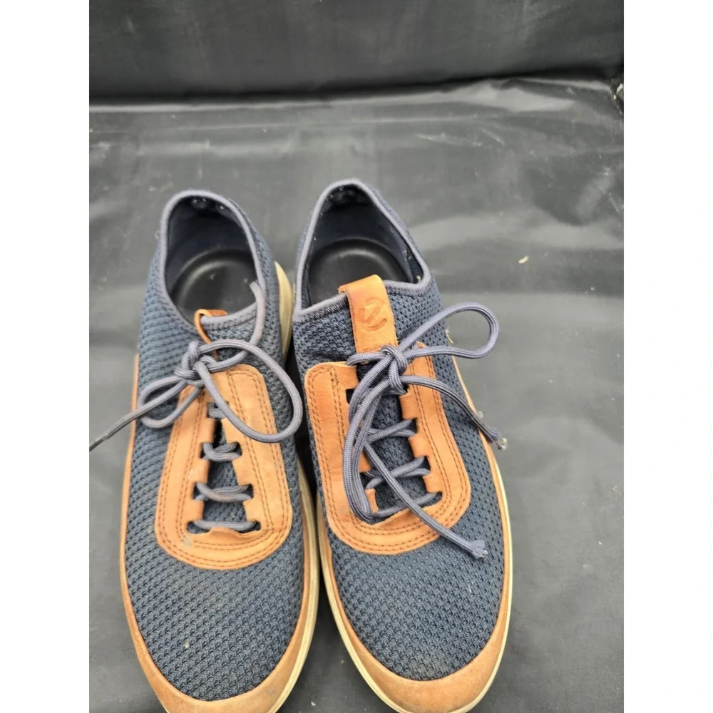 ECCO Mens Sport Shoe Navy Weave Caramel‎ Leather Trim Danish Sz 8